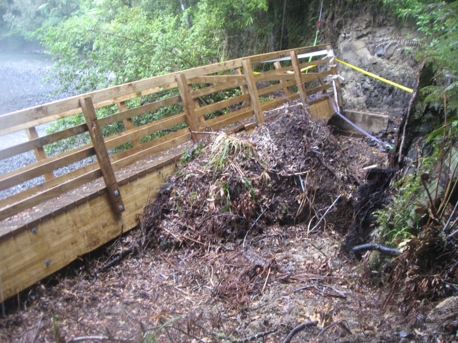 Slip-damaged bridge on the Pakihi Track